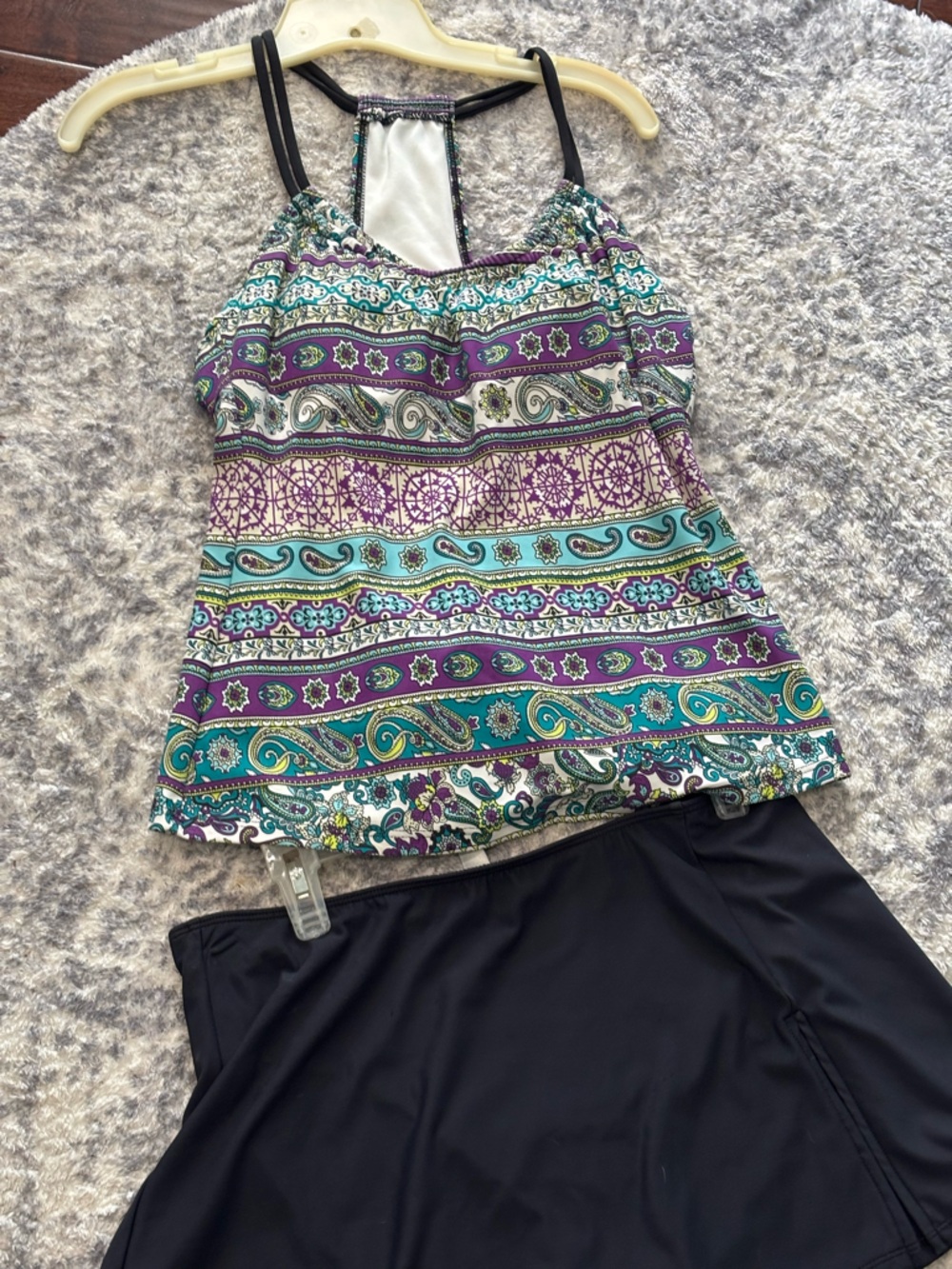 Patterned Multi-Color swimsuit black skirt bottoms 10